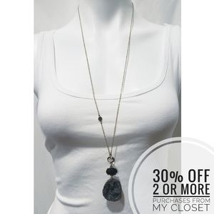 ⚡Black Druzy Geode Crystal Long Pendant Ne…
